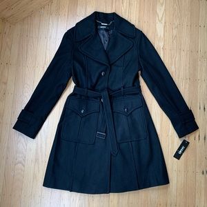 DKNY Black Hip Length Wool Trench Coat